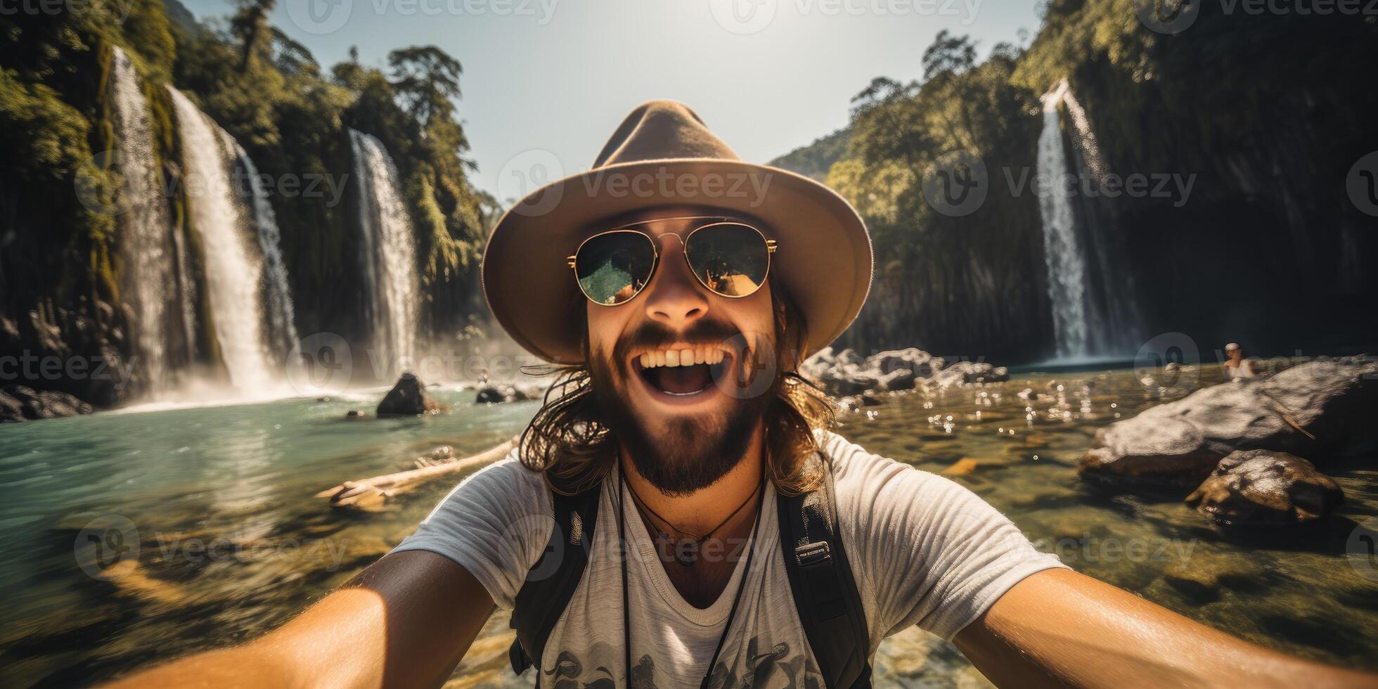 Happy male tourist takes selfie against the backdrop of a waterfall. photo