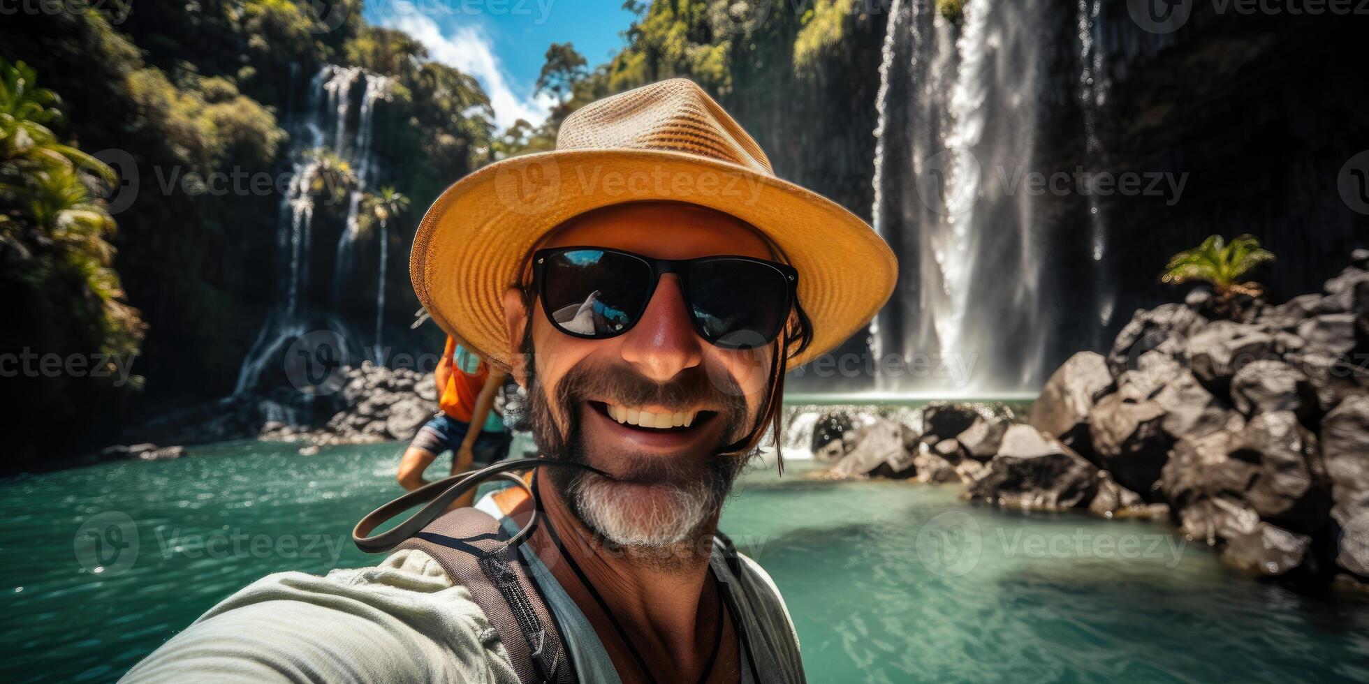 Happy man in a hat takes a selfie in nature. Travel theme. photo
