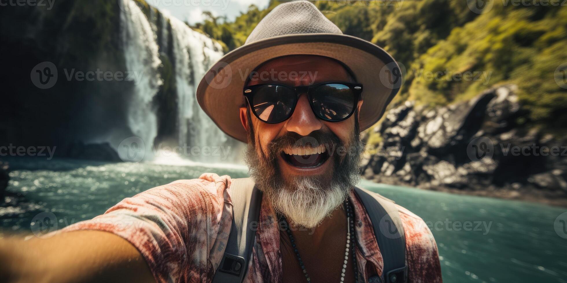 Happy man in a hat takes a selfie in nature. Travel theme. photo