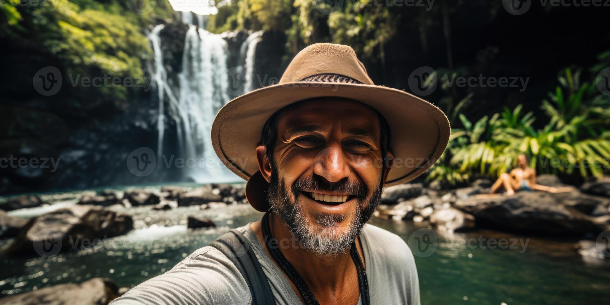 happy man tourist, theme of travel and recreation. photo