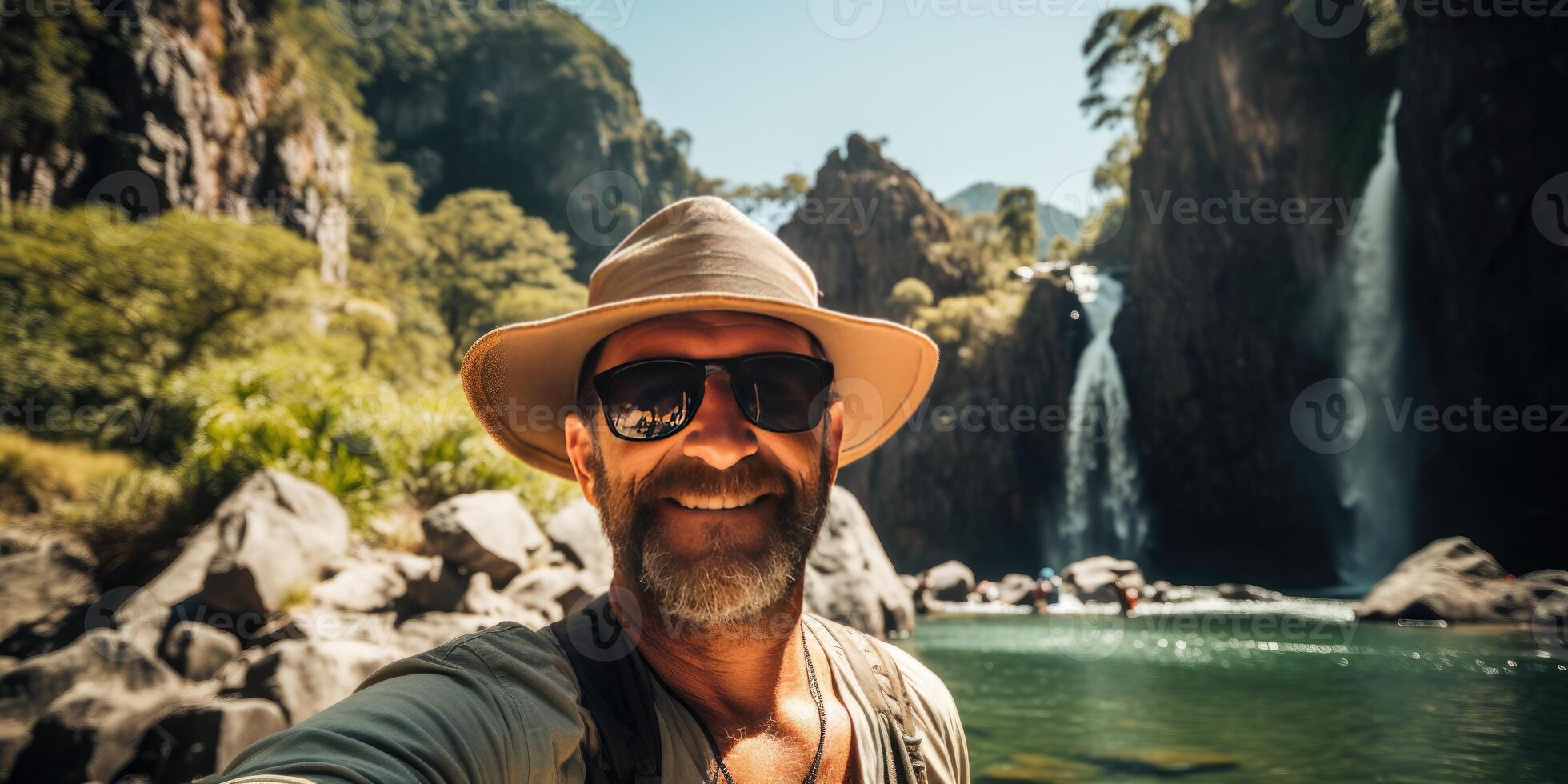 happy man tourist, theme of travel and recreation. photo