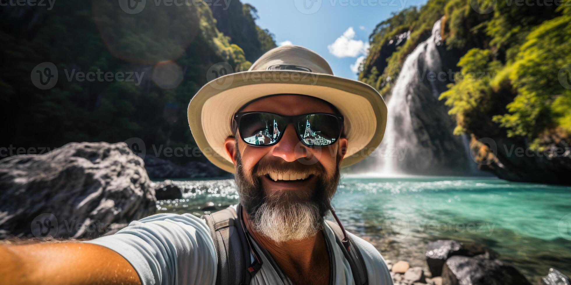 Happy man in a hat takes a selfie in nature. Travel theme. photo