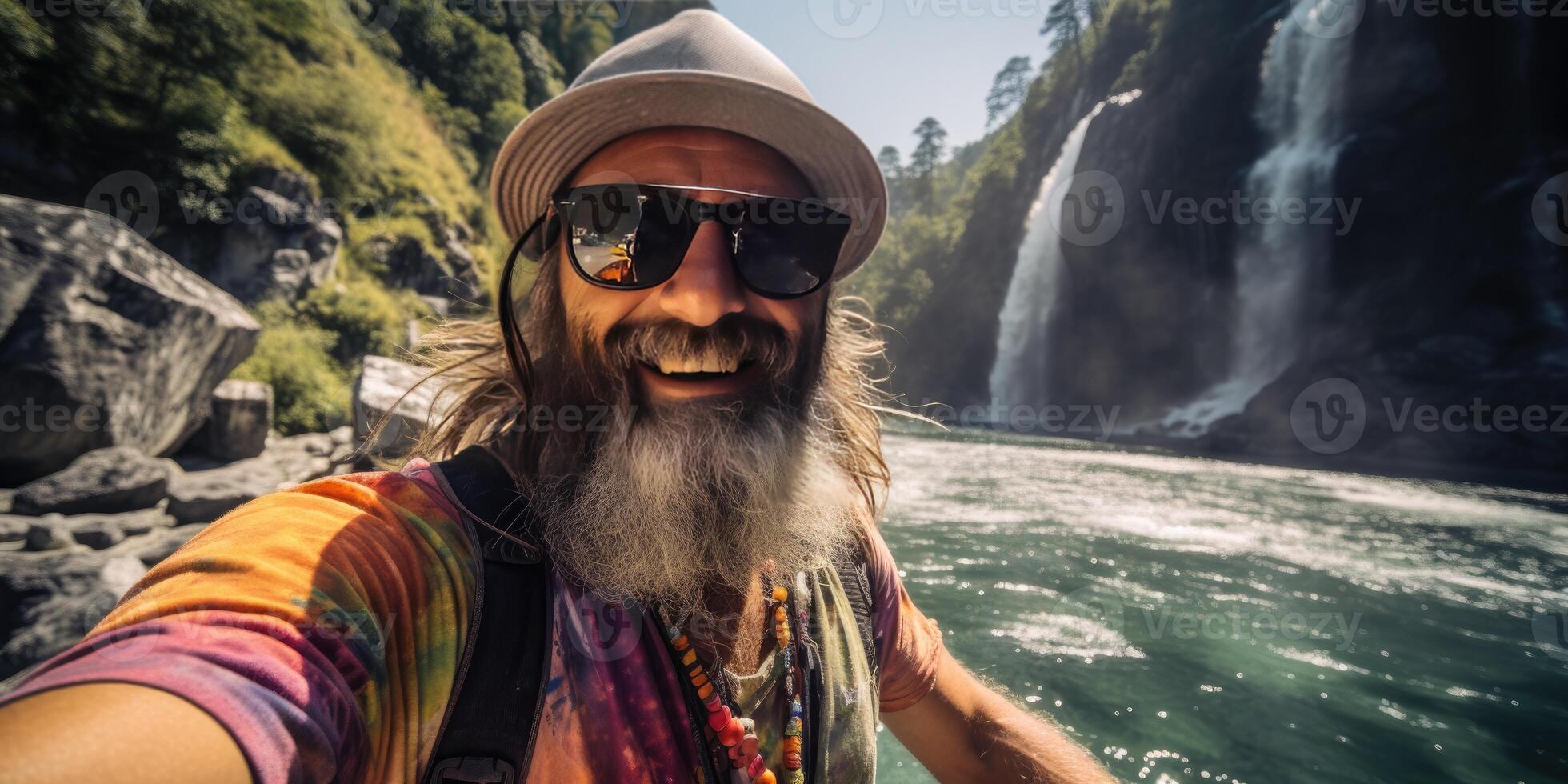 old man in a hat takes a selfie in nature. Travel theme. photo