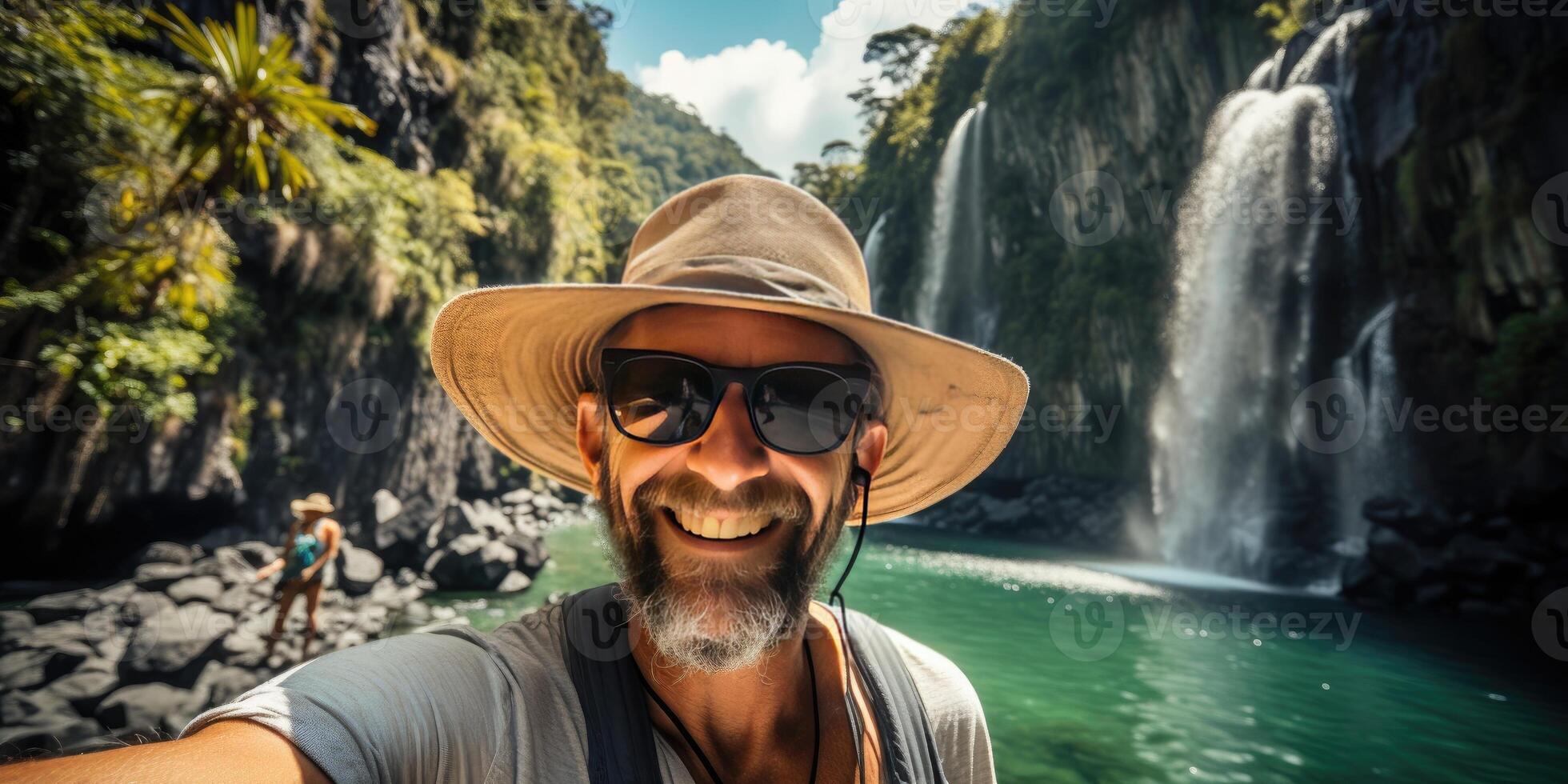 Happy man in a hat takes a selfie in nature. Travel theme. photo