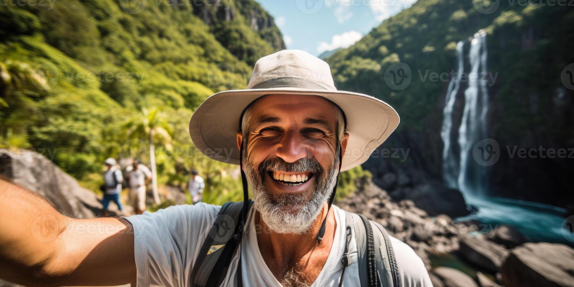 happy man tourist, theme of travel and recreation. photo