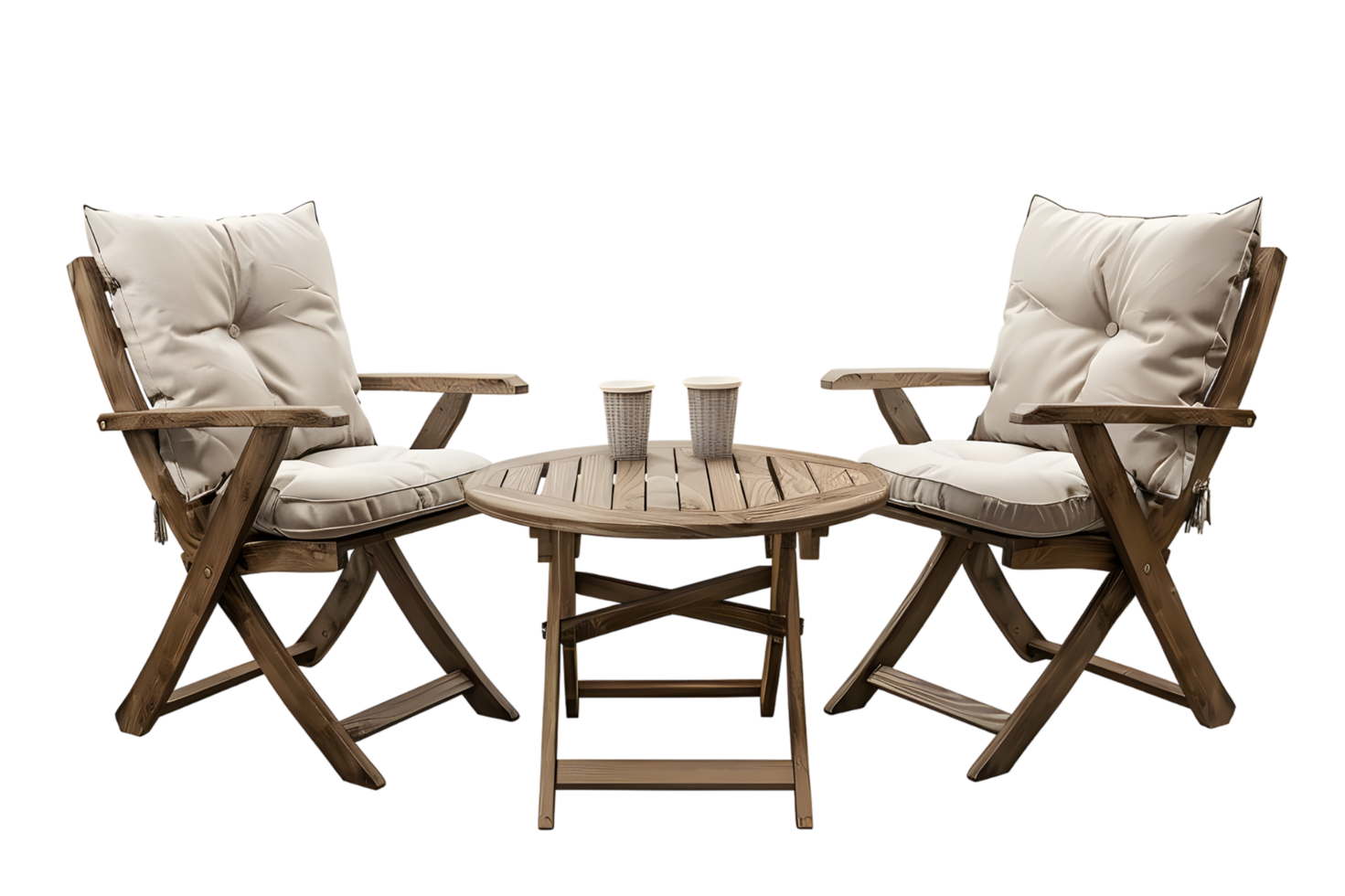 Relaxing outdoor bistro set with cushioned chairs and small table for patios Isolated on transparent background png