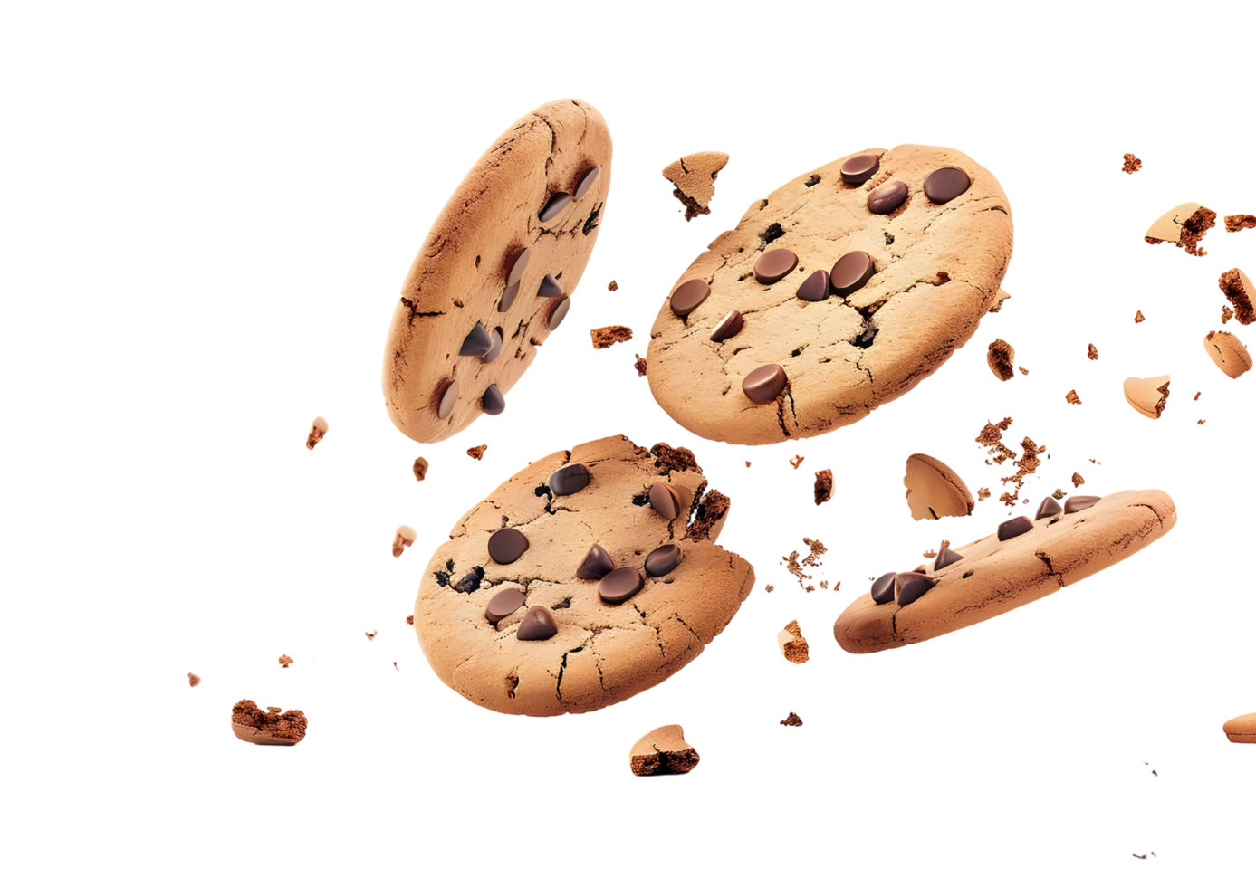 Assorted chocolate chip cookies with crumbs. Isolated on a transparent background png