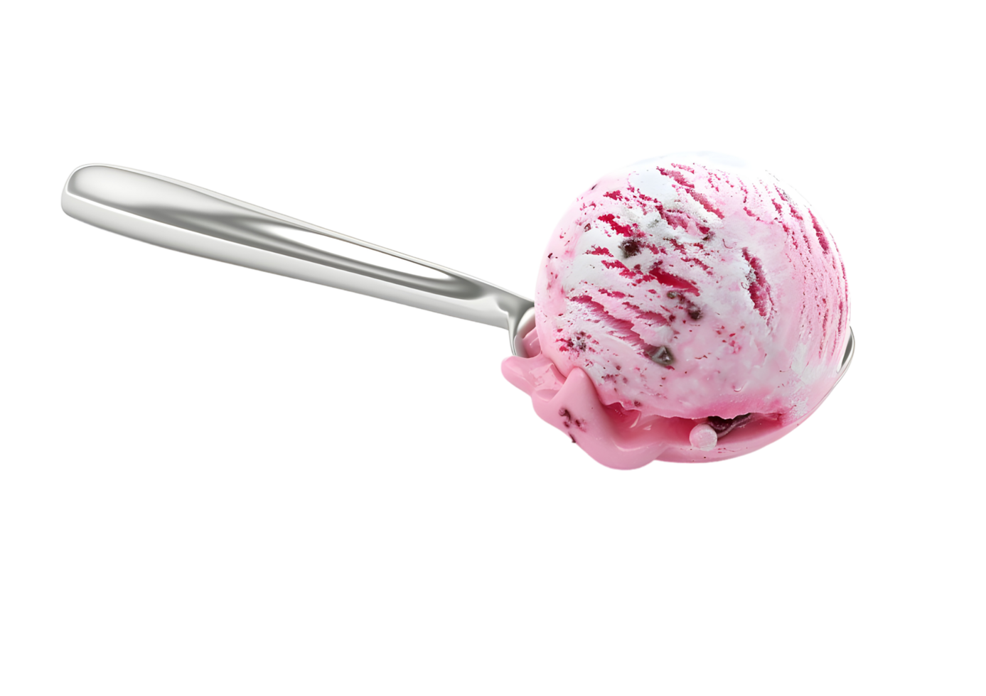 Scoop of strawberry ice cream on a spoon. Isolated on a transparent background png