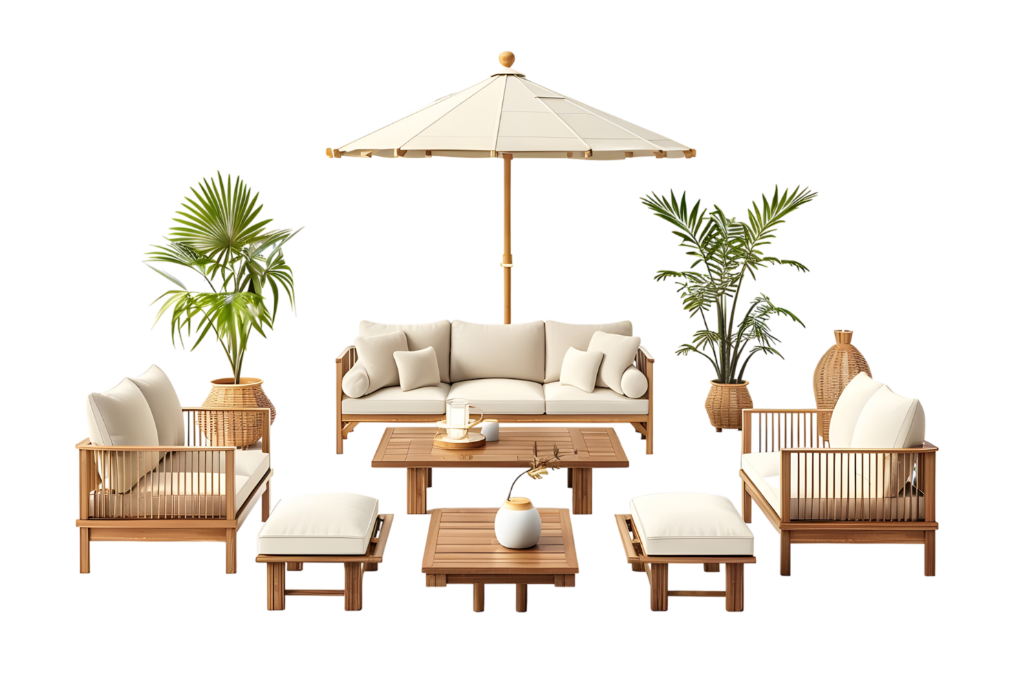 Stylish outdoor patio furniture set with umbrella and cushioned seating for garden Isolated on transparent background png