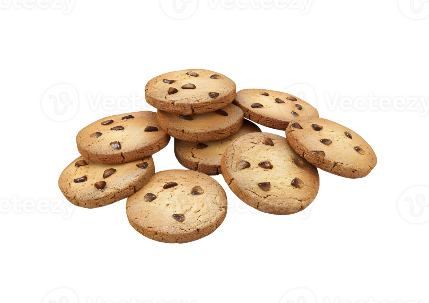 Stapel von Schokolade Chip Kekse mit Krümel. isoliert auf ein transparent Hintergrund png