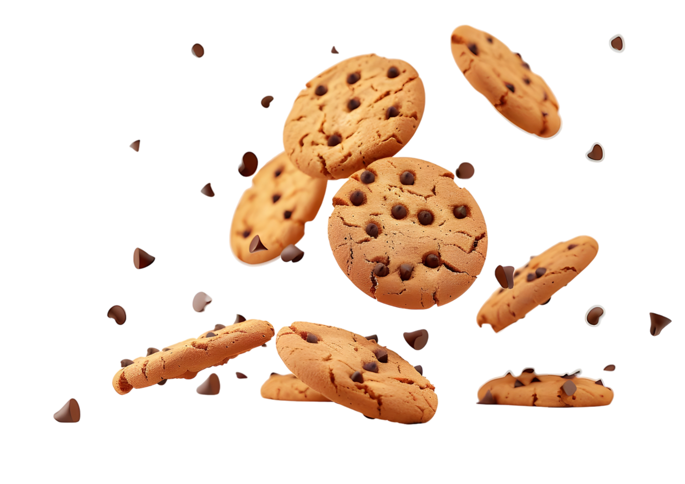 Classic chocolate chip cookies with a golden crust. Isolated on transparent background. png