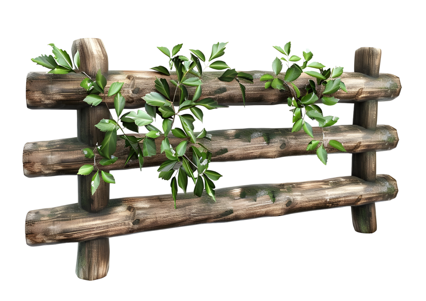 Wooden garden fence with plants and greenery. Isolated on a transparent background. png