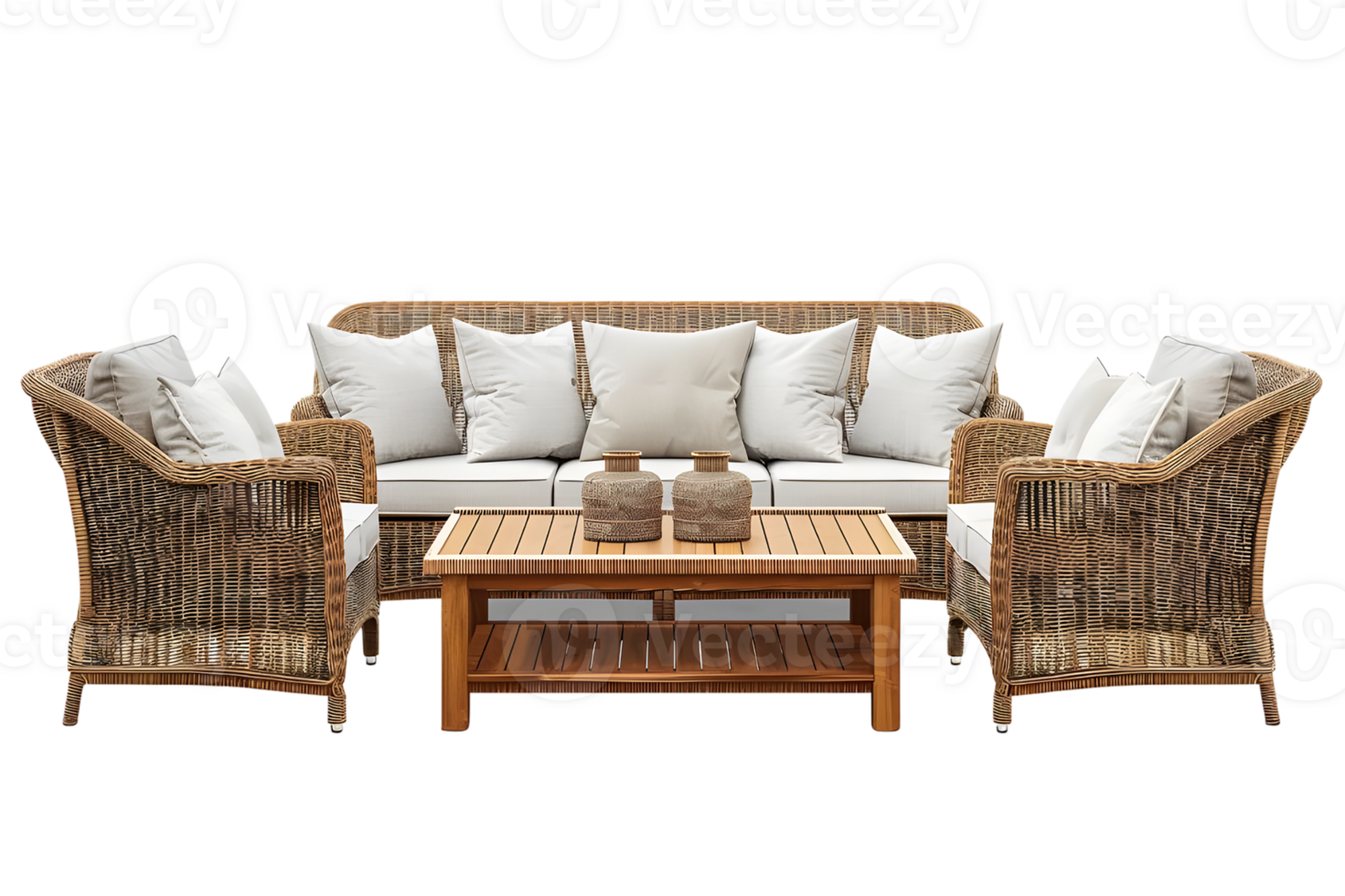 Elegant wicker patio furniture set with cushioned seating and coffee table for outdoor relaxation Isolated on transparent background png