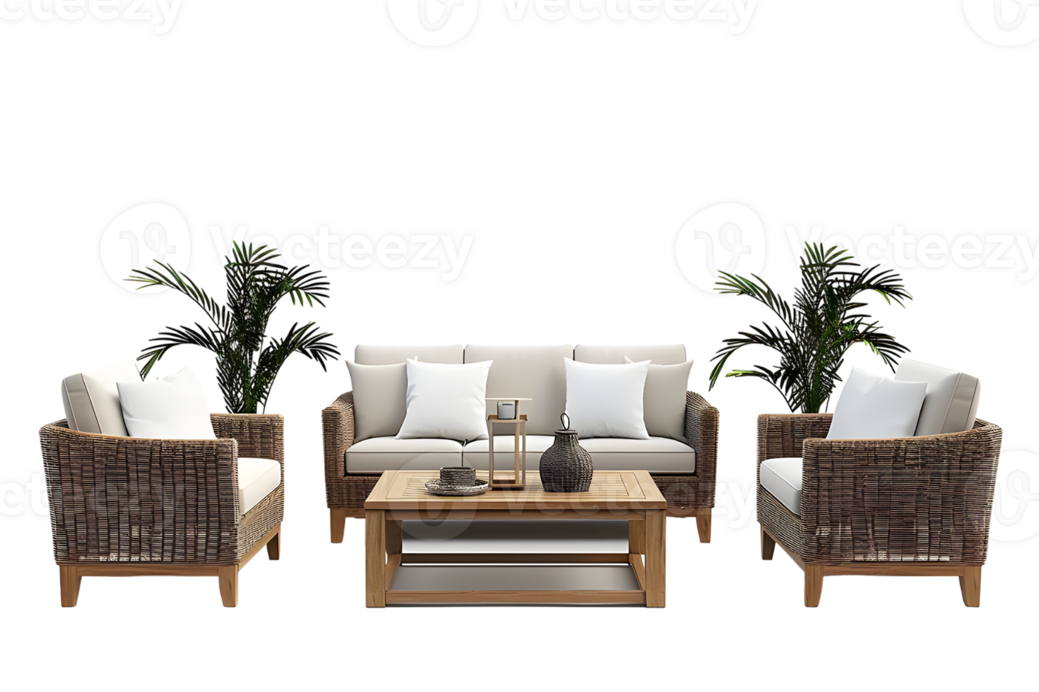 Comfortable wicker patio furniture set with cushioned seating and coffee table for outdoor spaces Isolated on transparent background png