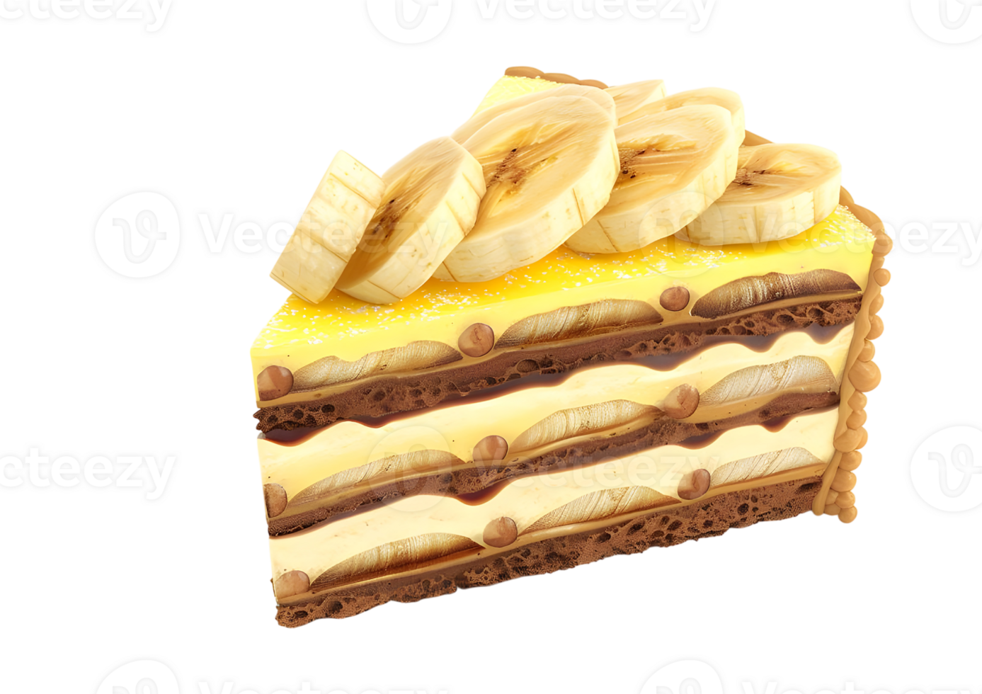 Banana layered cake with creamy filling. Isolated on transparent background. png