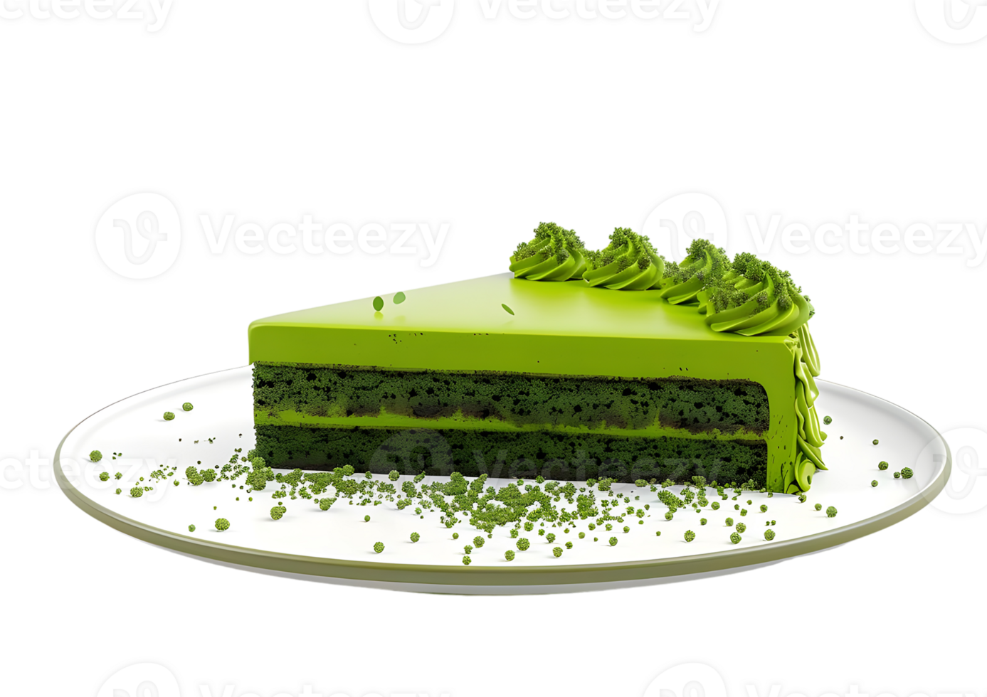 Slice of green tea matcha cake on a plate. Isolated on a transparent background. png
