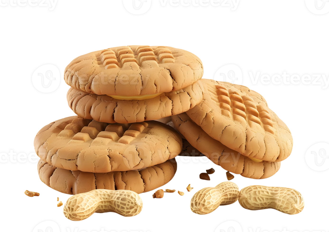 Stack of peanut butter cookies with peanuts. Isolated on a transparent background png