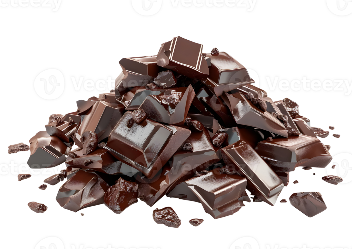 Pile of dark chocolate chunks and pieces. Isolated on a transparent background png