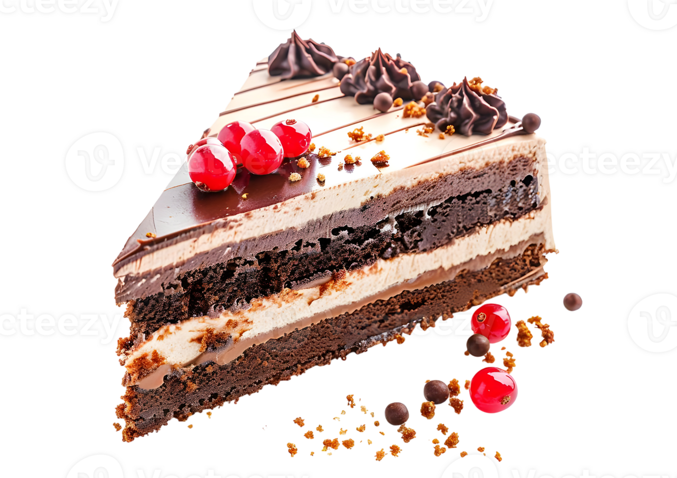 Chocolate layer cake slice with chocolate drizzle. Isolated on a transparent background png