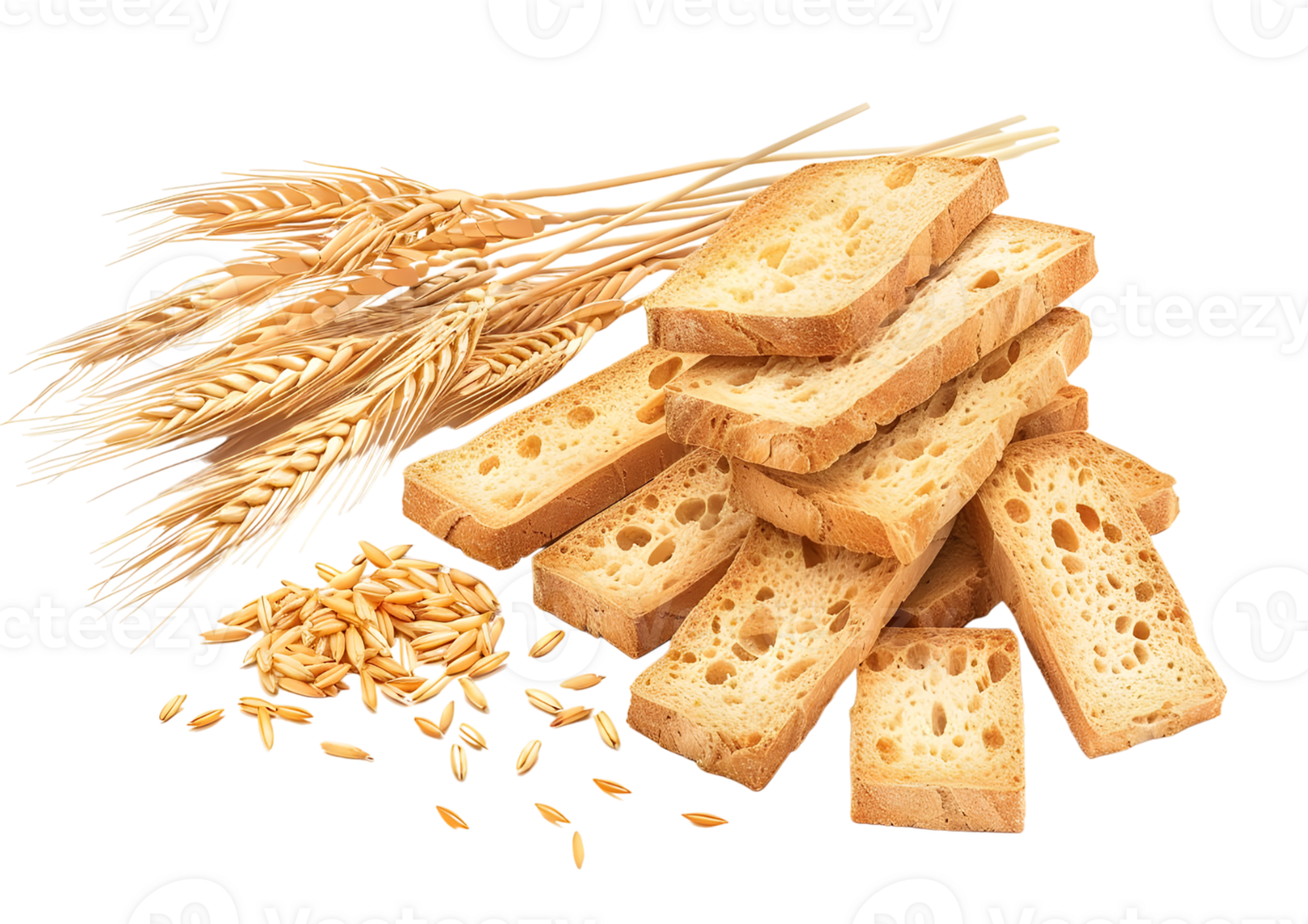 Wheat crackers with grains scattered around. Isolated on a transparent background png