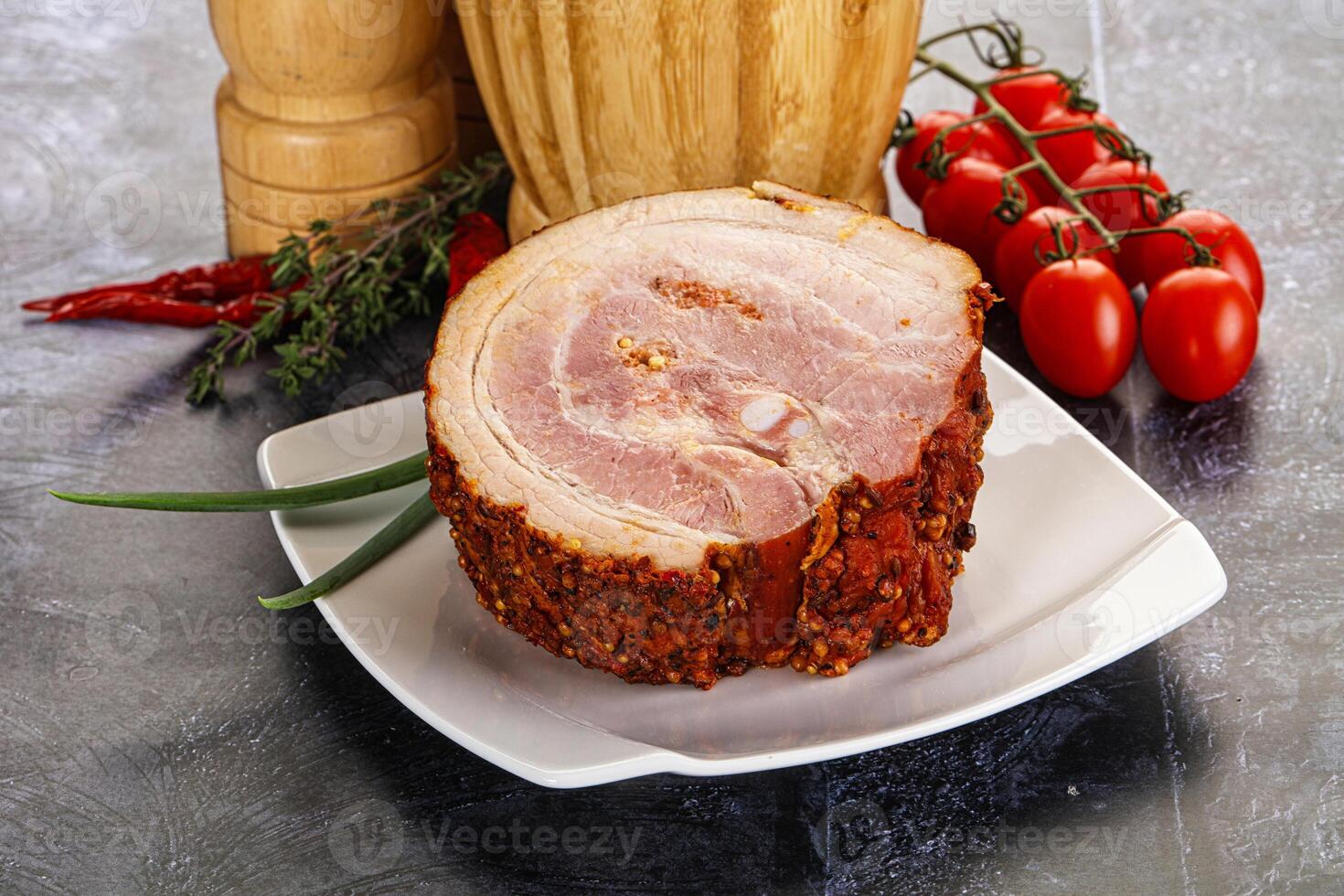 Tasty and fat smoked pork belly photo