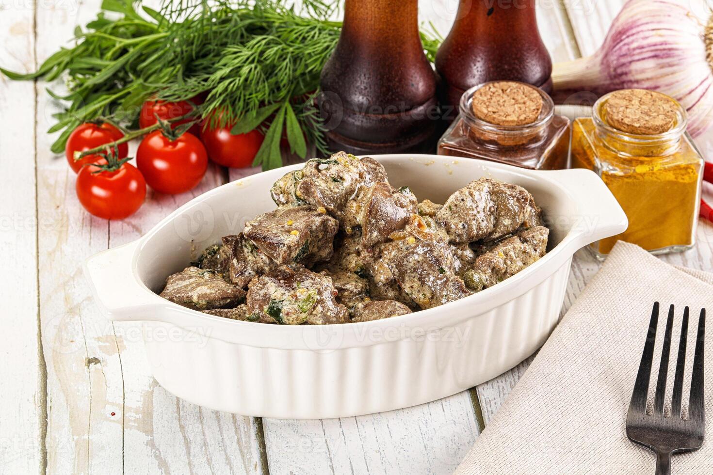 Roasted chicken liver with cream photo