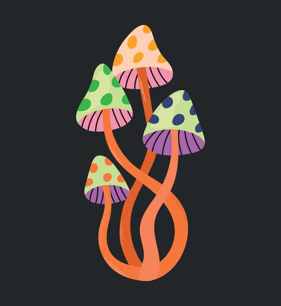 Retro hippie psychedelic mushrooms in 60s 70s style. Groovy and funky fungus vector