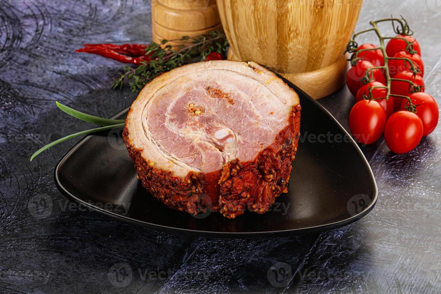 Tasty and fat smoked pork belly photo