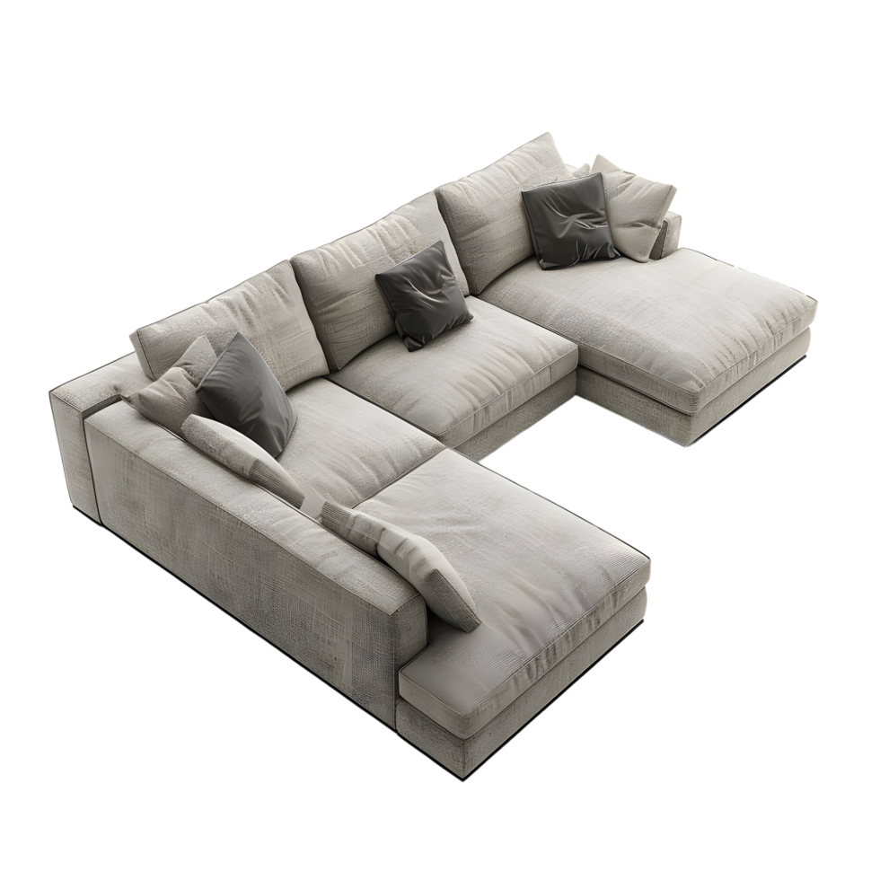 Gray sectional sofa with spacious seating for living room Isolated on transparent background. png