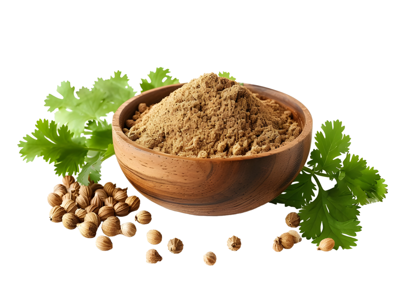 Wooden bowl with cumin powder and coriander leaves Isolated on transparent background png