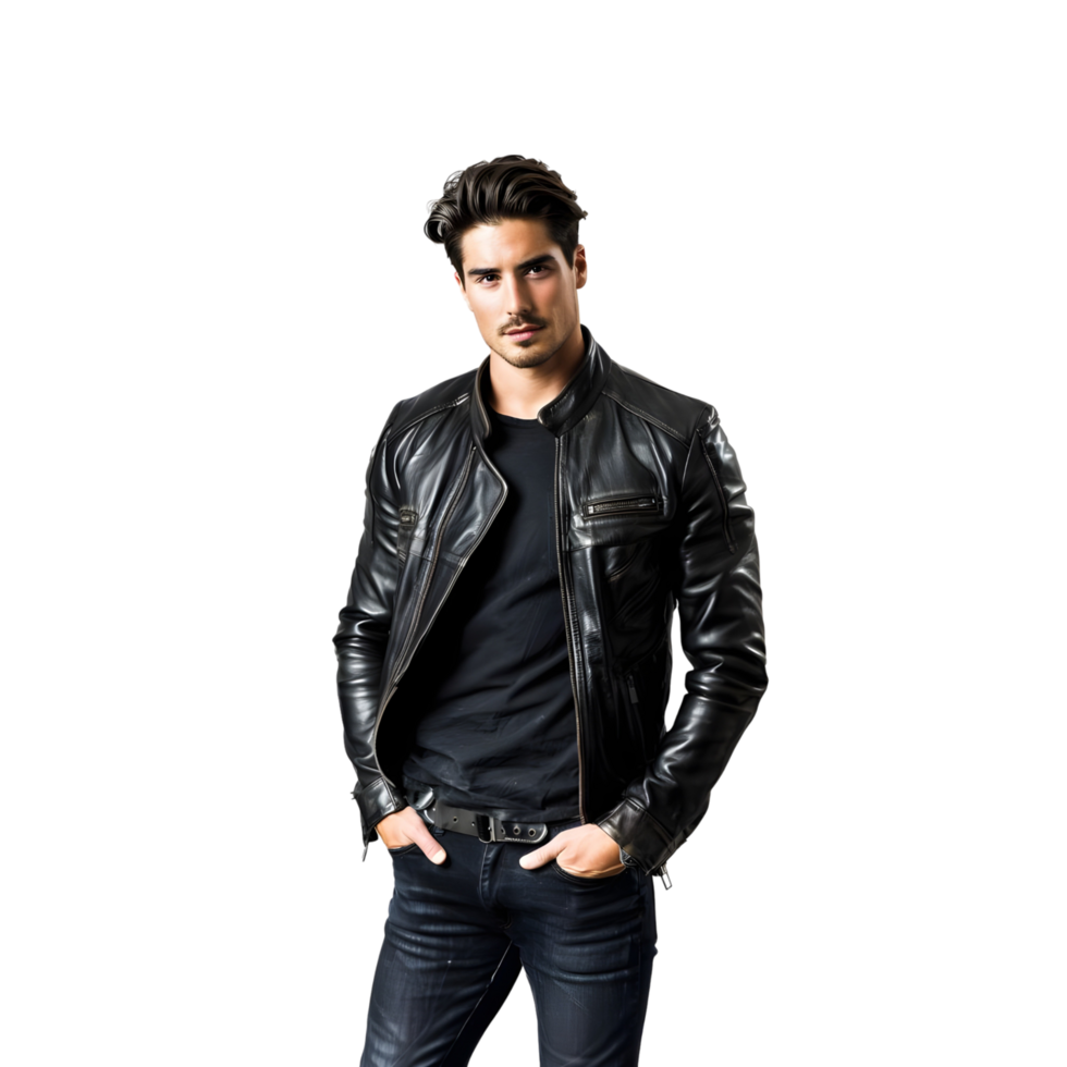 Handsome Actor in Jeans and Black Leather Jacket Posing isolated on transparent background png