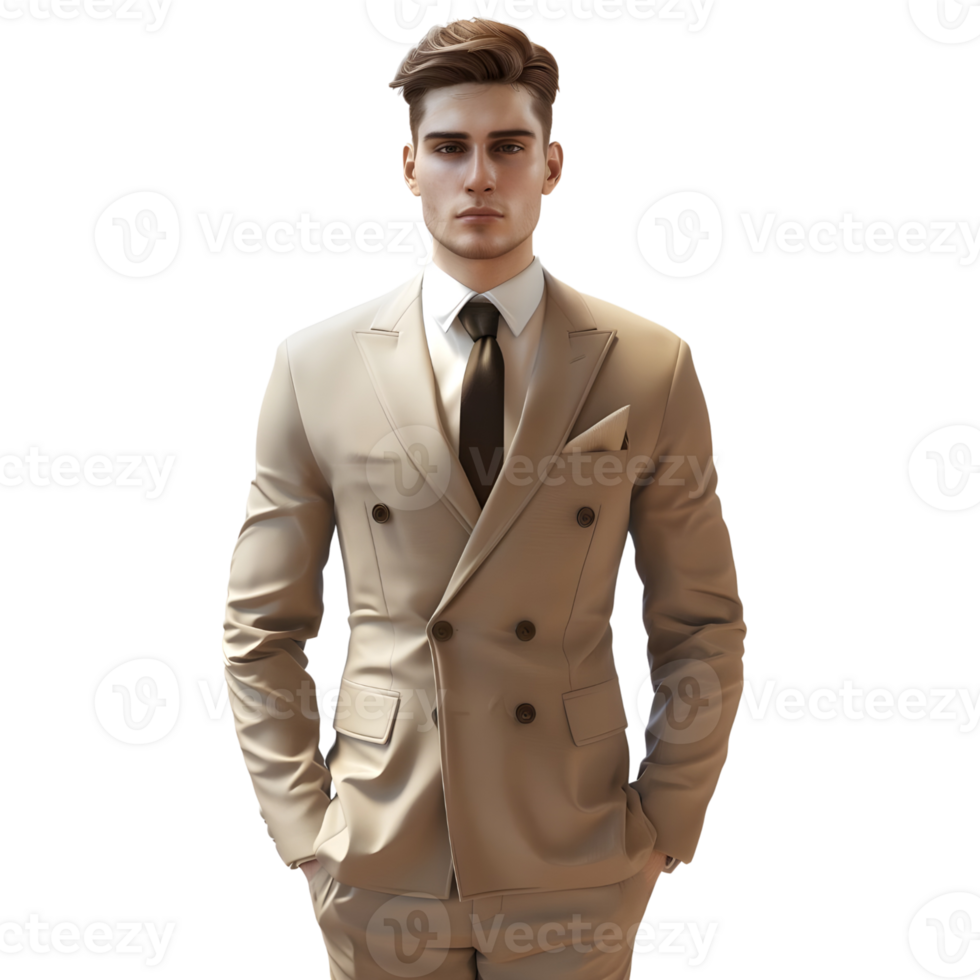 Robotic Teenage Model Posing in Light Brown Suit isolated on transparent background png