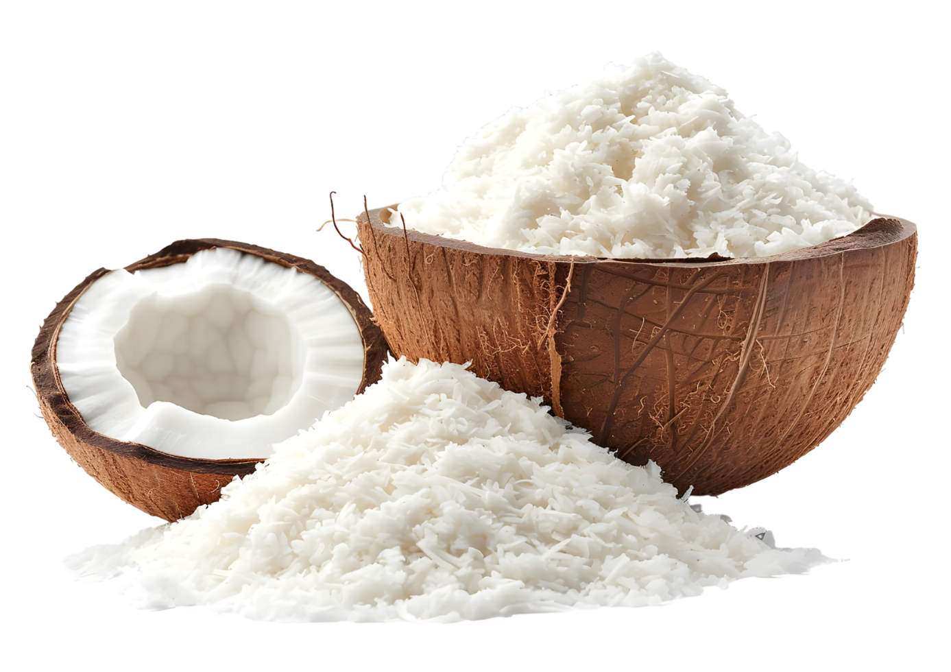 Coconut flour and grated coconut in wooden bowls Isolated on transparent background png