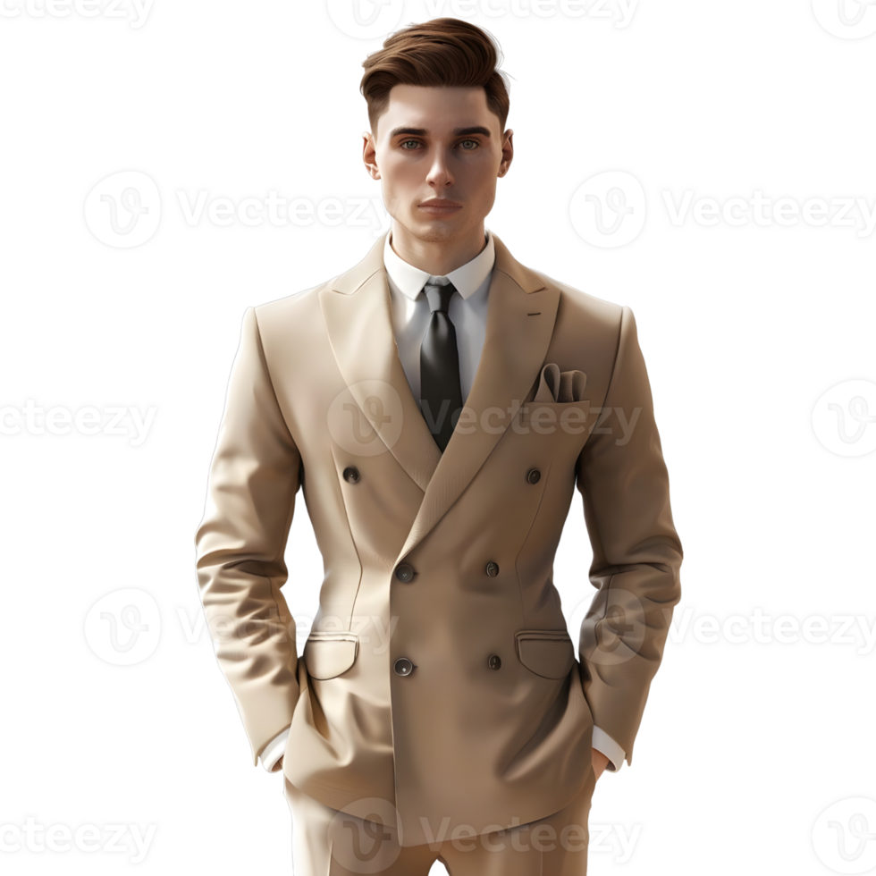 Robotic Teenage Model Posing in Light Brown Suit isolated on transparent background png