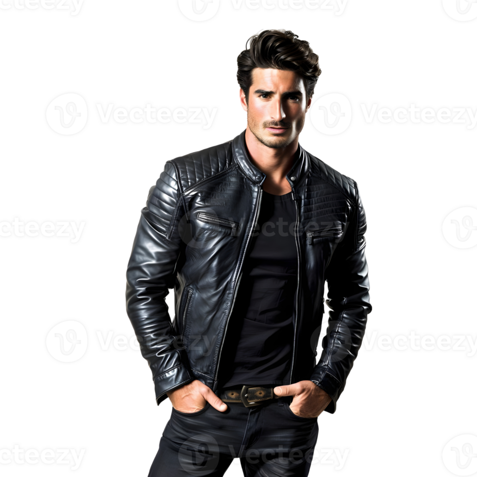 Handsome Actor in Jeans and Black Leather Jacket Posing isolated on transparent background png