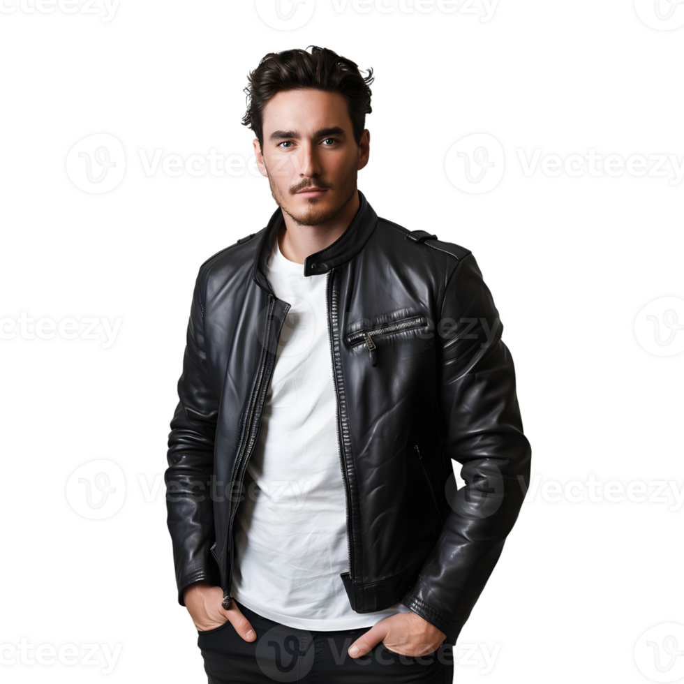 Handsome Actor in Jeans and Black Leather Jacket Posing isolated on transparent background png