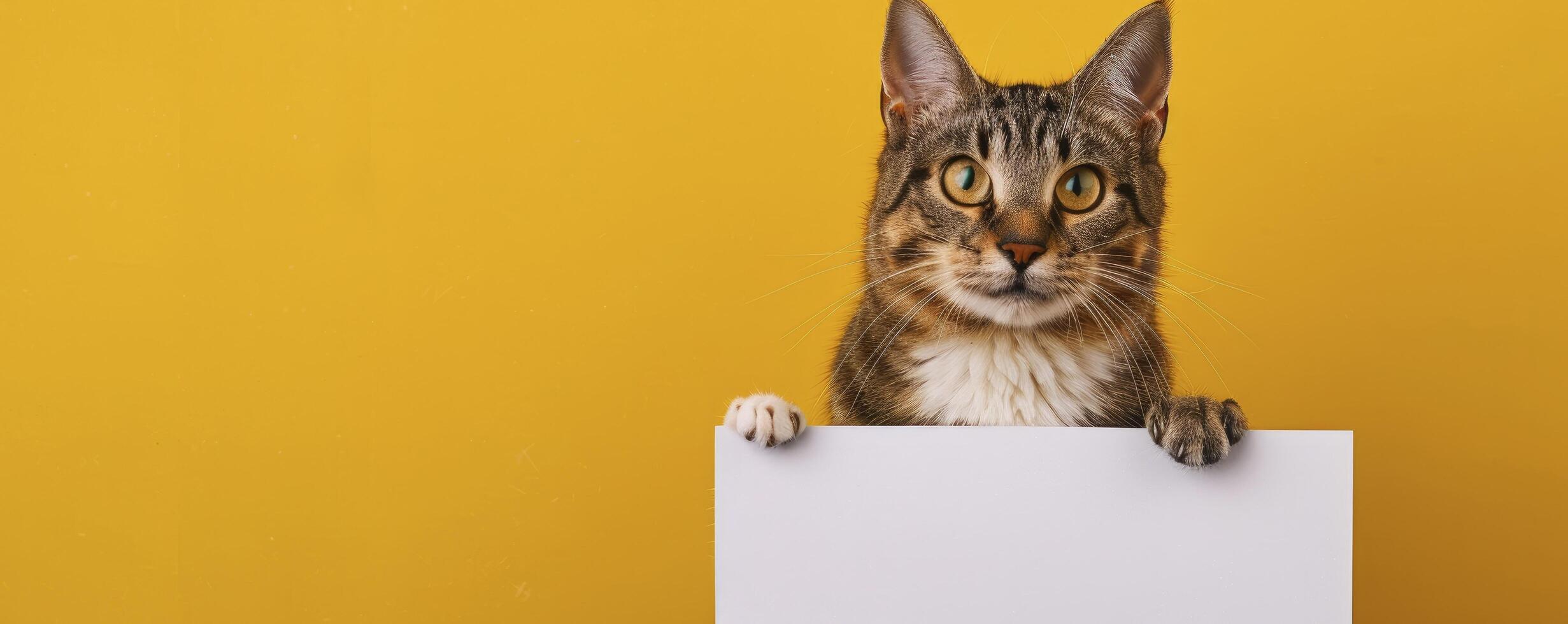 A cute cat holding an empty white sign against a yellow background in a closeup photo