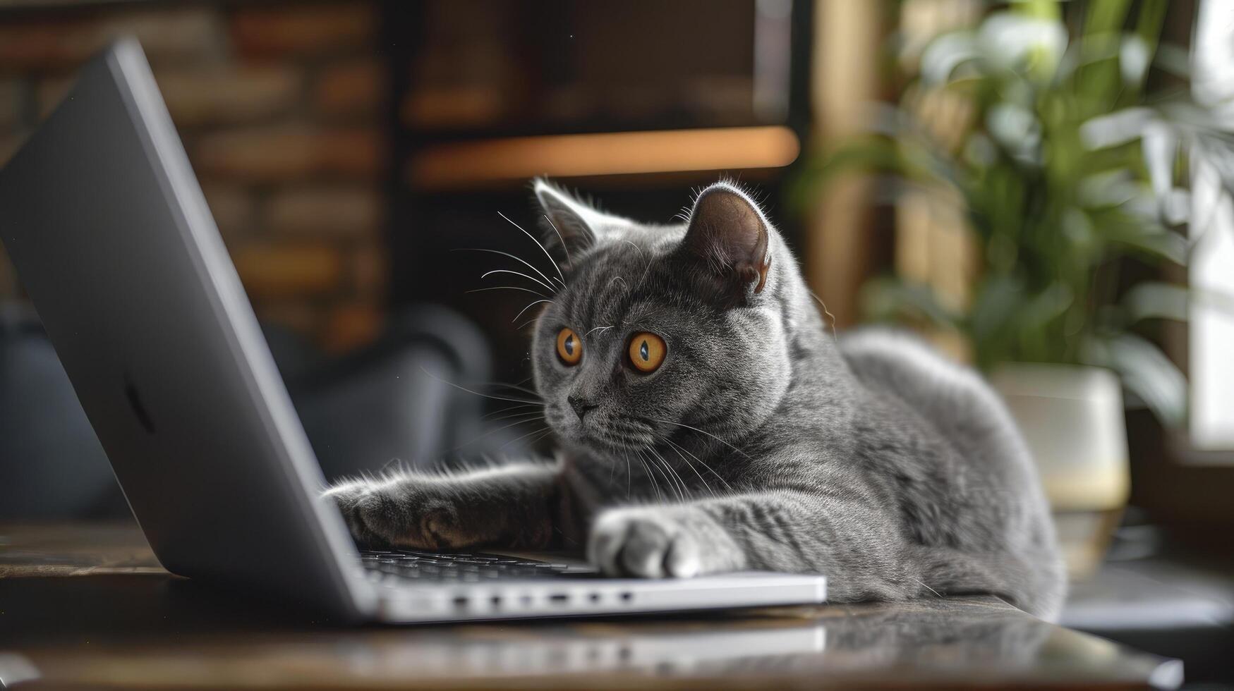 A cute gray cat is lying on the table and typing on an open laptop with its paws. International Cat Day photo