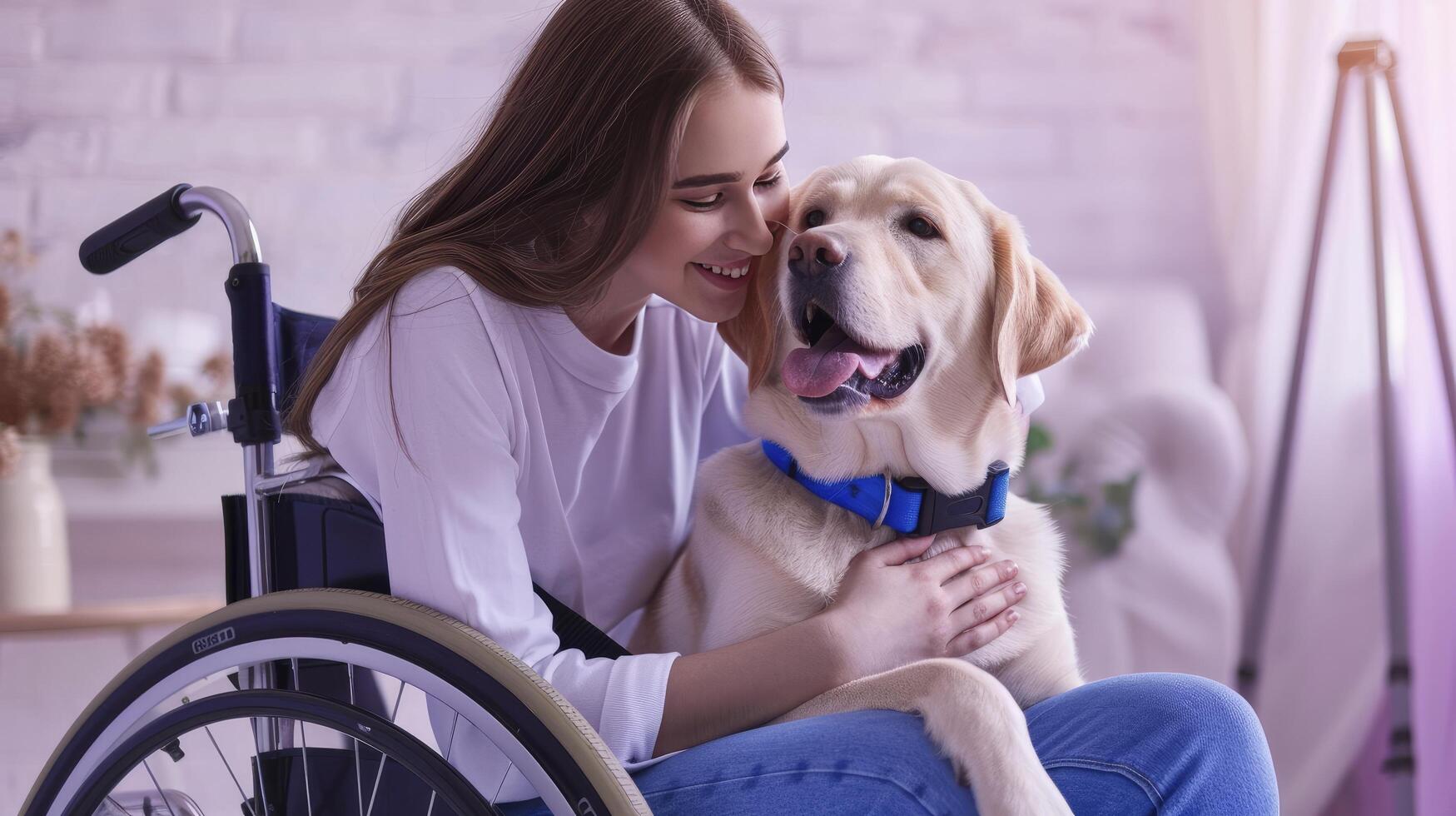 a woman sitting in her wheelchair and hugging her dog in light purple hue photo