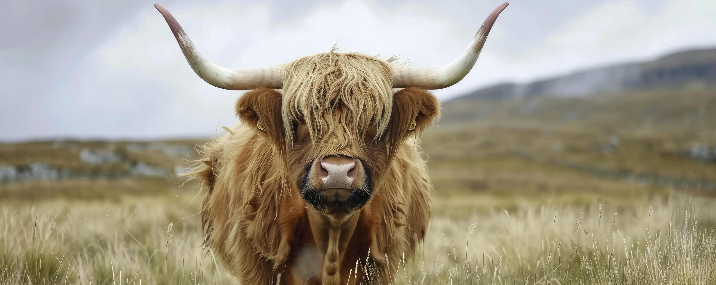 an old highland cow with long, shaggy hair and two white horns on its head standing in the grassy field photo