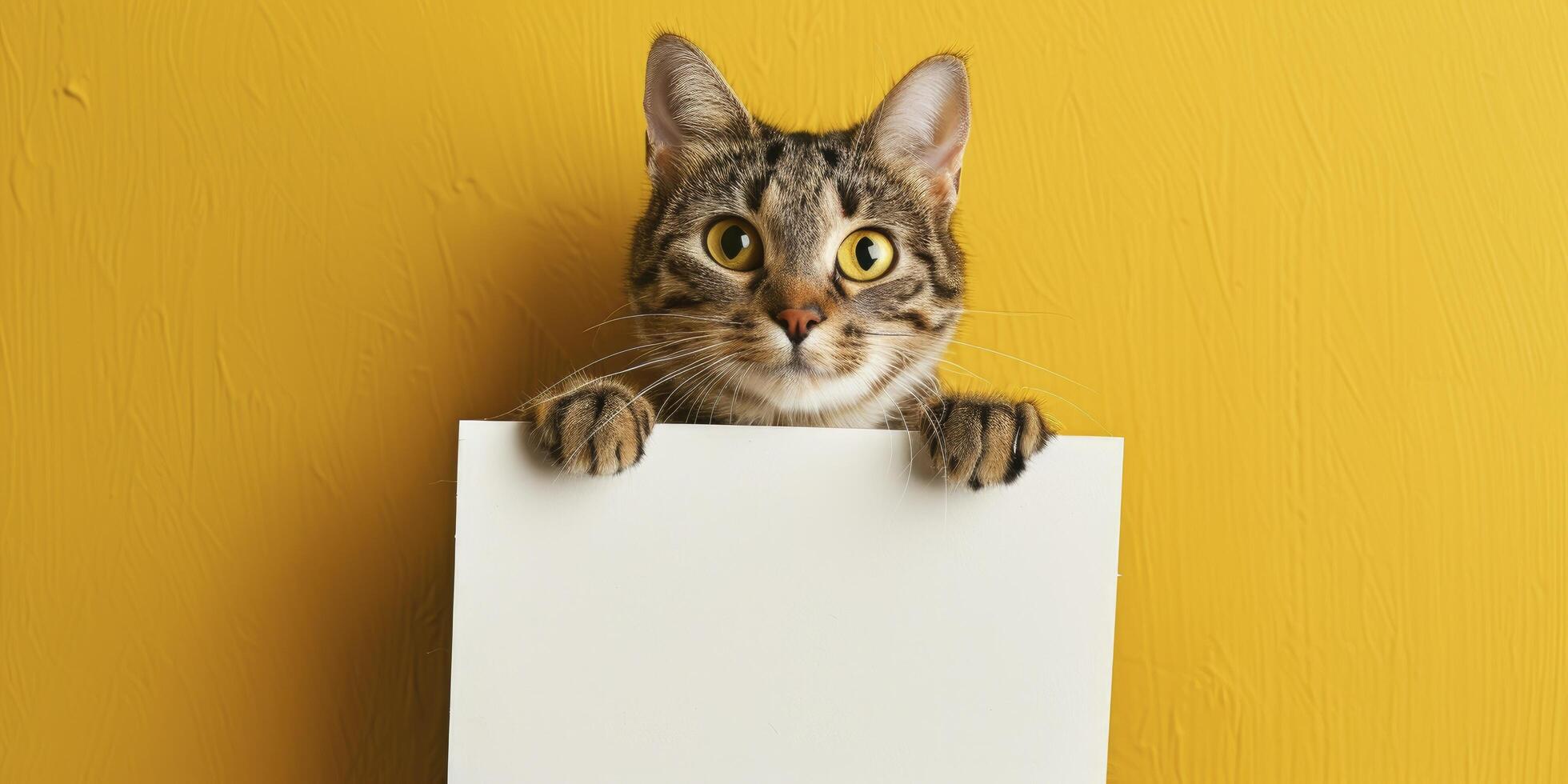 A cute cat holding an empty white sign against a yellow background in a closeup photo