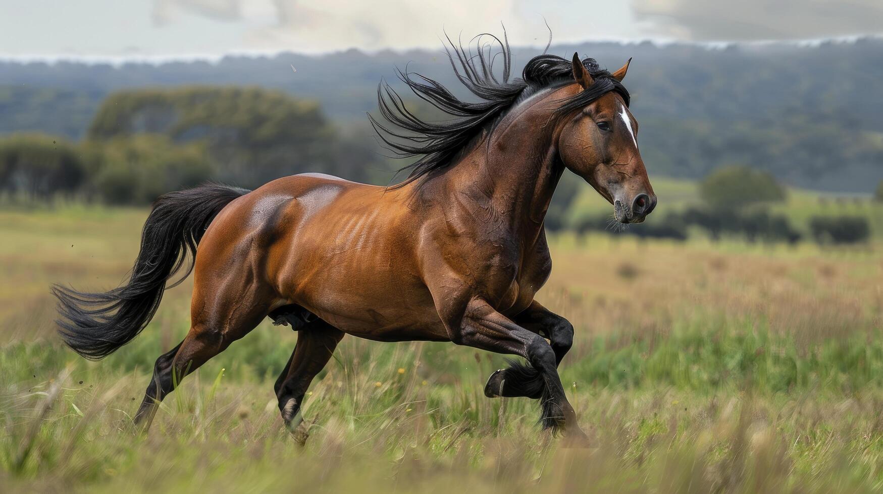 A majestic brown horse with black mane galloping across the grassy field photo