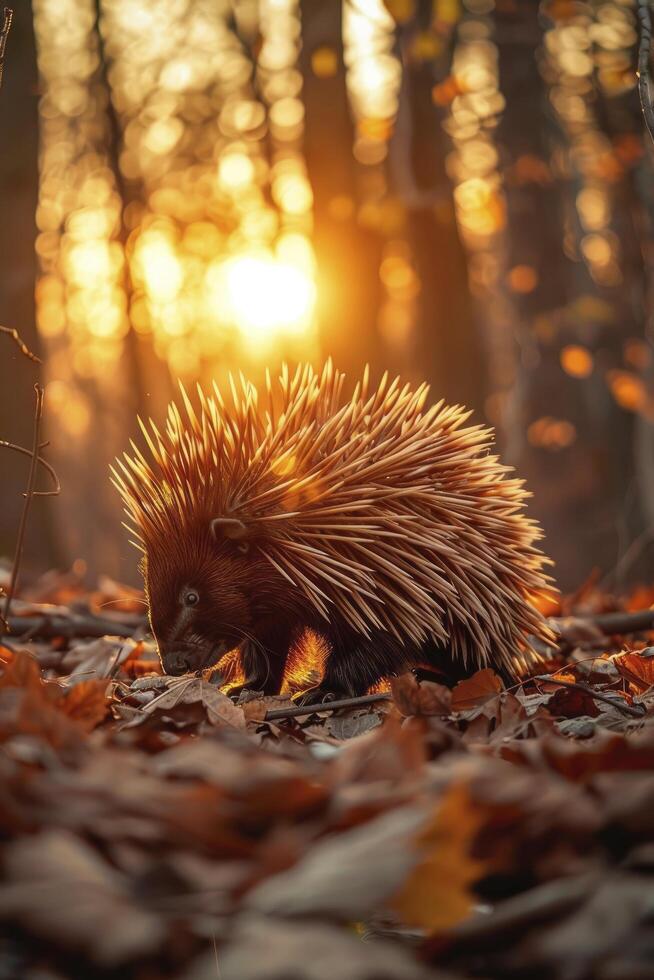 A cute giant radiant brown majestic china red and gold leathery cone shaped porcupine, walks through the forest at sunset, golden hour, dry leaves on ground photo