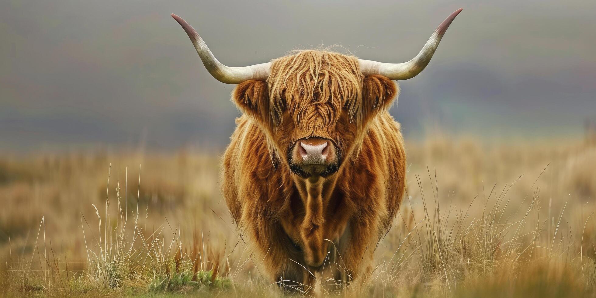an old highland cow with long, shaggy hair and two white horns on its head standing in the grassy field photo
