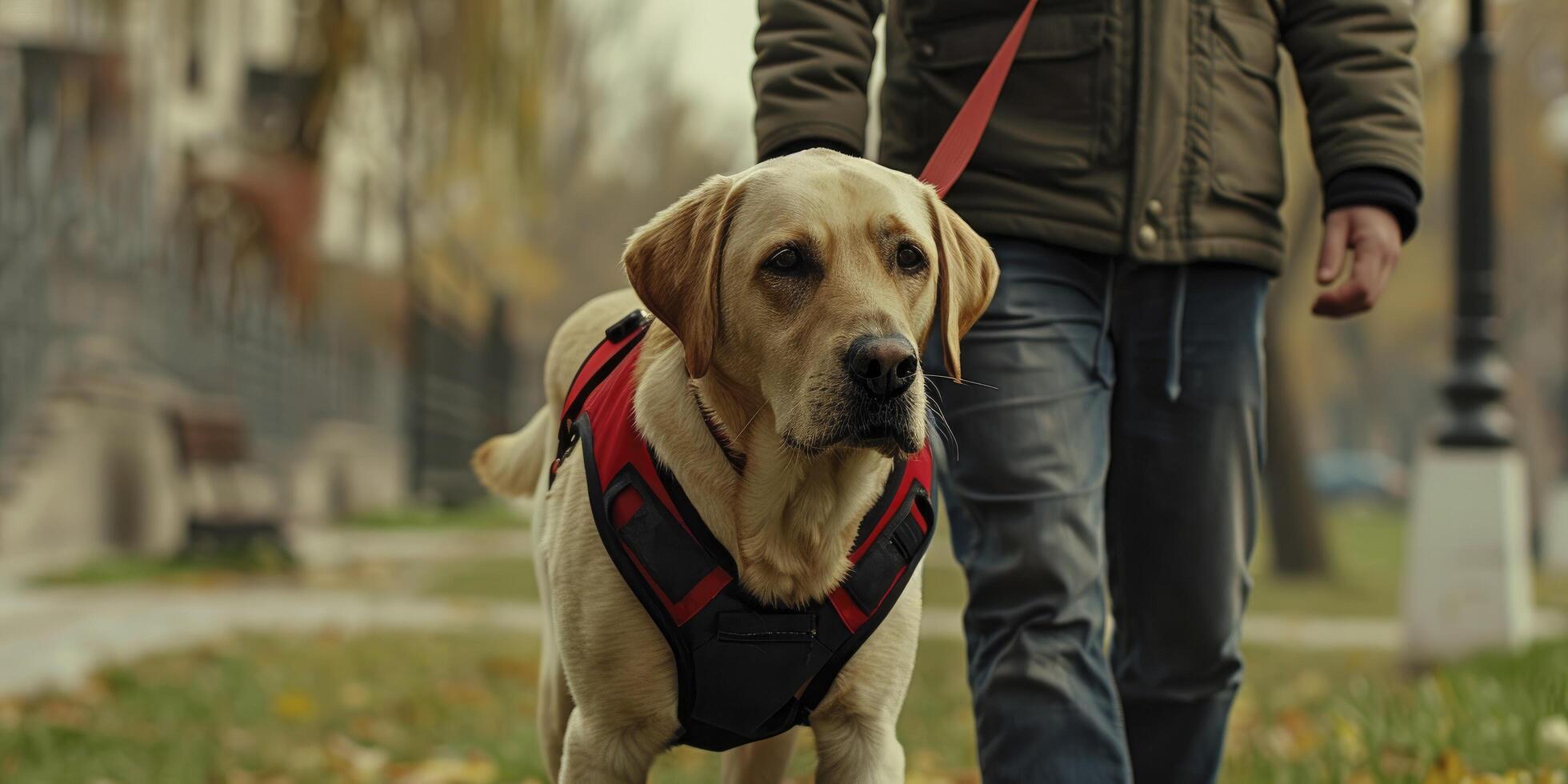 A golden Labrador dog wearing an integrated red and black working vest is being led on the leash by its owner photo