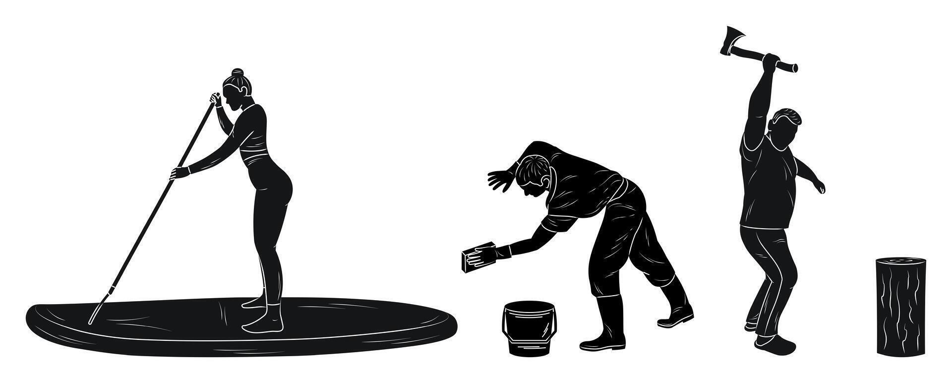 Surfer, woodcutter, washer, workers, sketch silhouettes vector