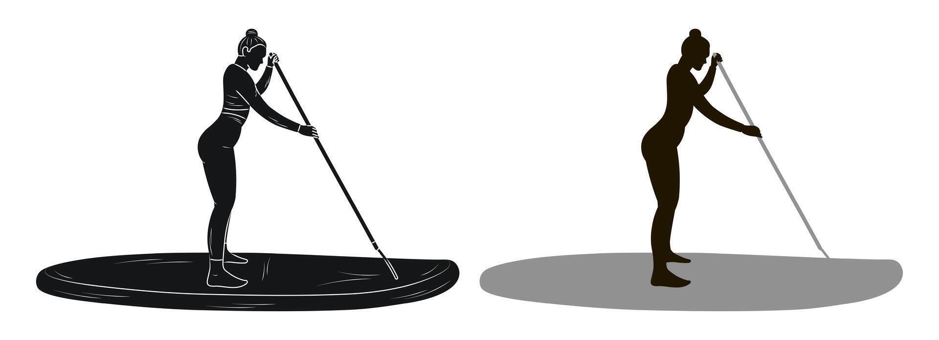 A girl holds a paddle in her hands and stands on a paddleboard, silhouette sketch vector
