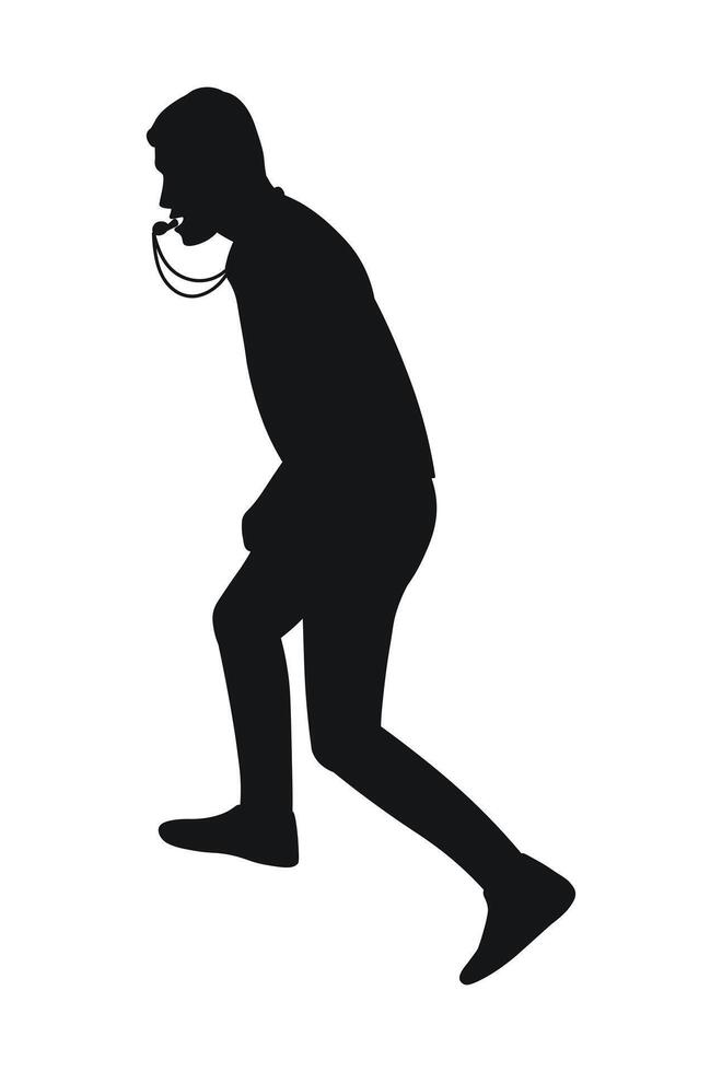 Referee during the game, blowing the whistle, black silhouette vector