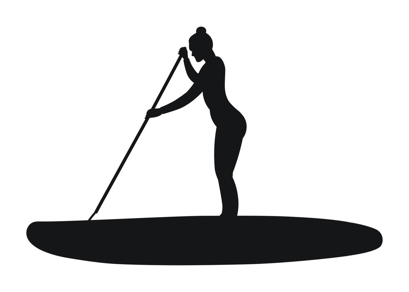 A girl holds a paddle in her hands and stands on a paddleboard, silhouette of a person vector