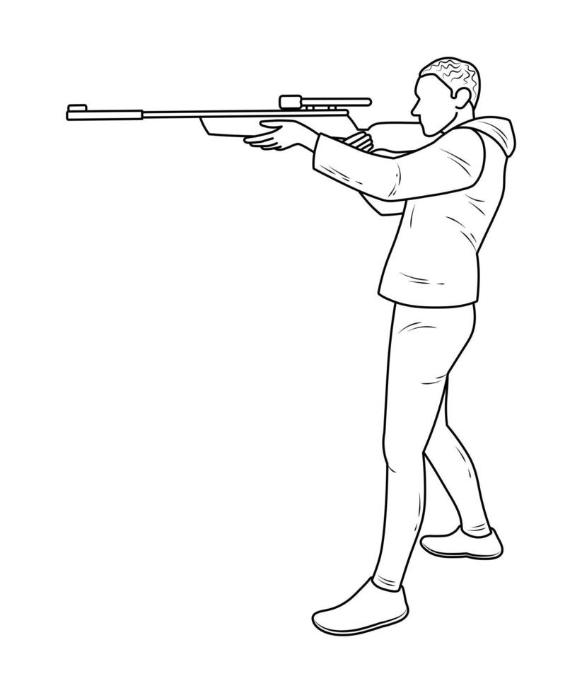 Male shooter with rifle, sight, silhouette sketch vector